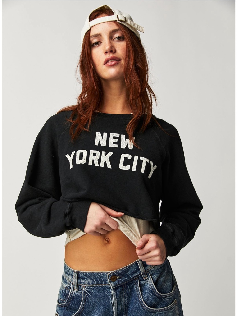 Free People Retro Brand Crop New York  Crewneck Sweatshirt Small Vintage Black